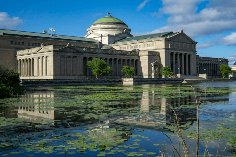 a view of the museum of science and industry during spring