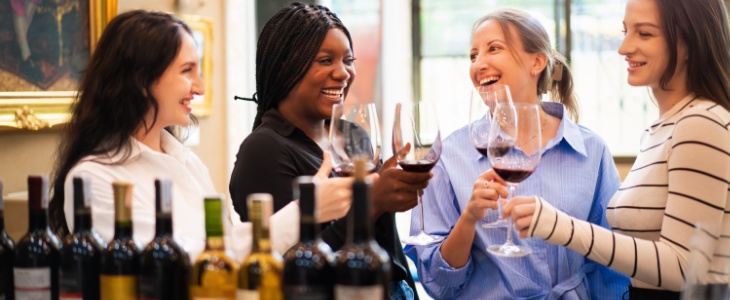 a group of four women enjoy a wine tasting together